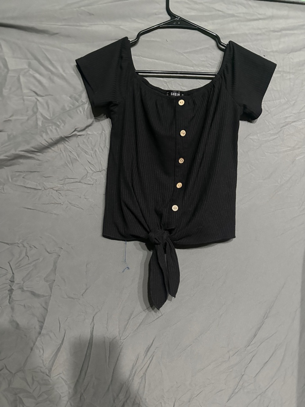 SHEIN Black Ribbed Short Sleeve Tie-Front Crop Top